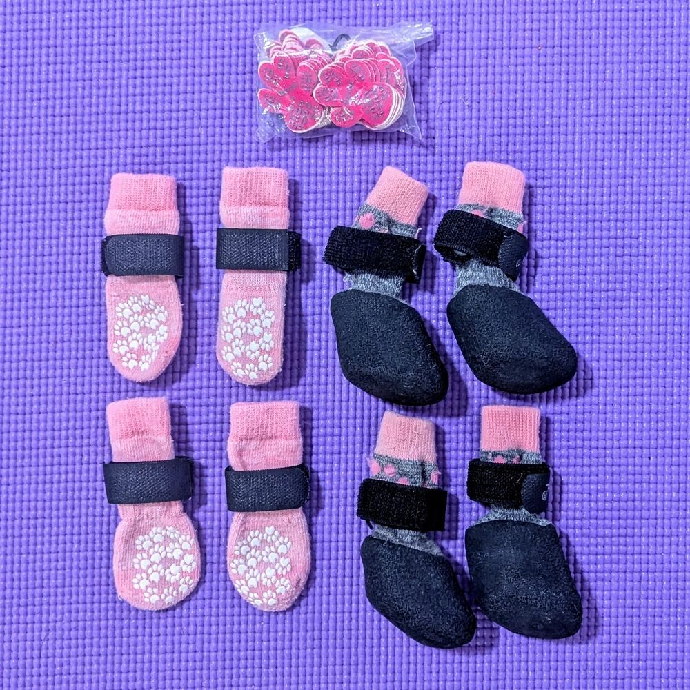 Pink & Gray Anti-slip Dog Socks & Paw Stickers Bundle XS/S